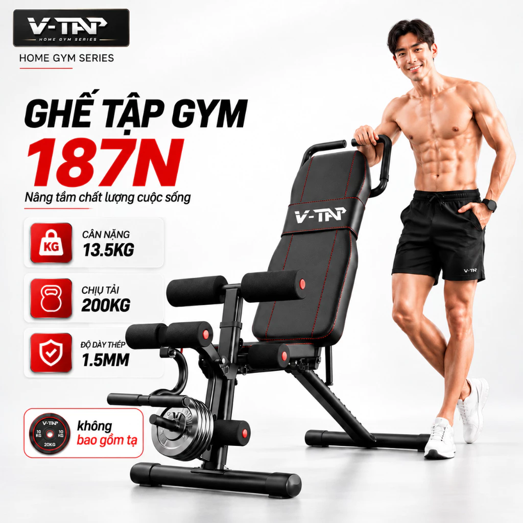 Ghế tập gym đa năng, Ghế tập tạ, Tập thể dục tại nhà, Chịu tải 200KG, Có đá chân V-TAP 187N