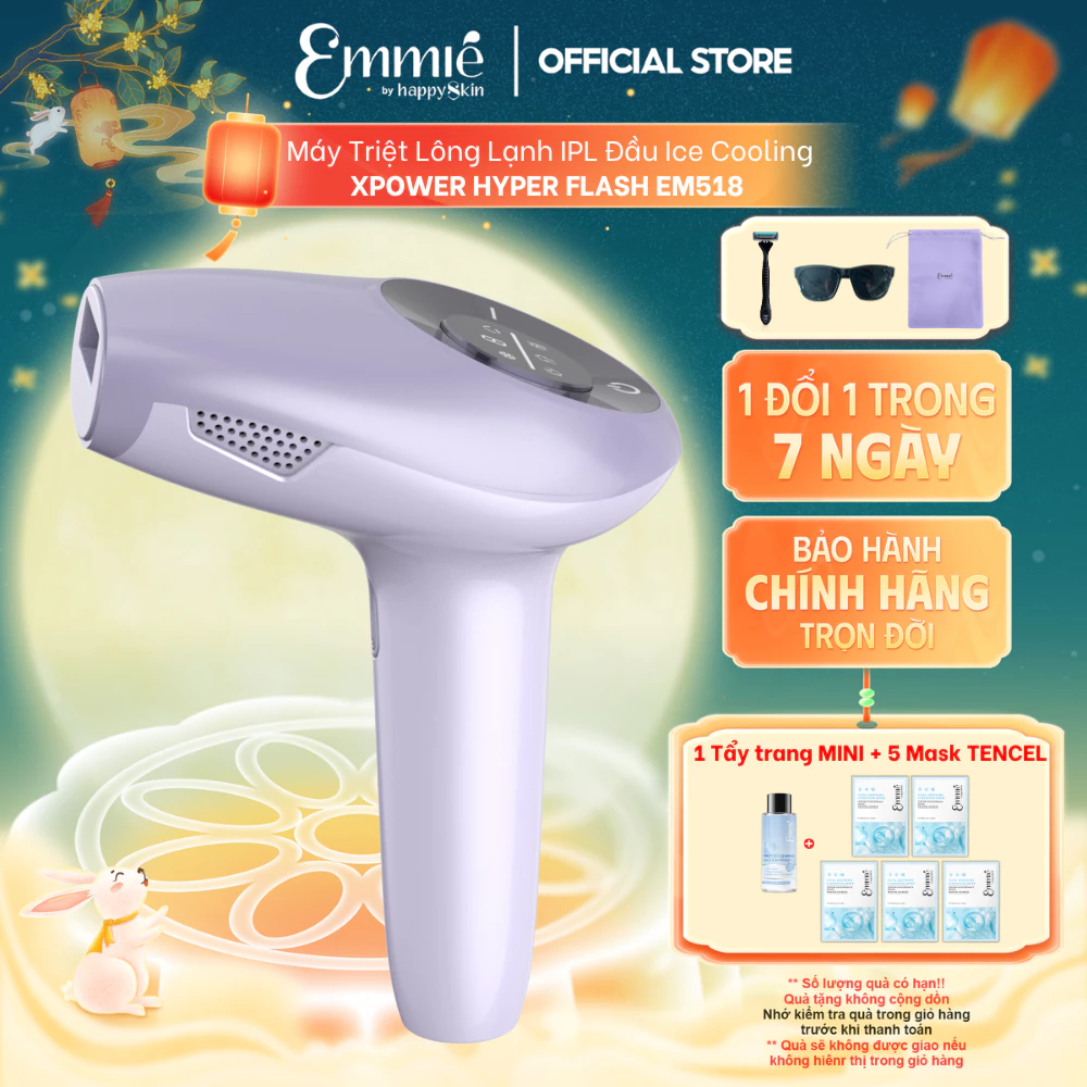 Máy triệt lông lạnh IPL Emmie Xpower Hyper Flash EM518 Ice Cooling Hỗ Trợ Chăm Sóc Da TẶNG 5 Mask & 1 Tẩy trang mới 48ml