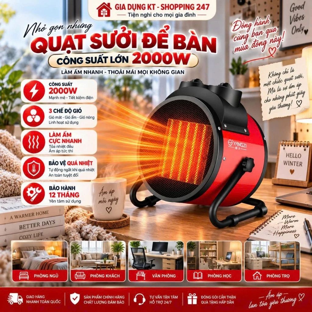 Quạt Sưởi Để Bàn Công Suất Lớn 2000W, 3 Chế Độ Gió, Làm Ấm Cực Nhanh, Hoạt Động Mạnh Mẽ, Không Gây Tiềng Ồn