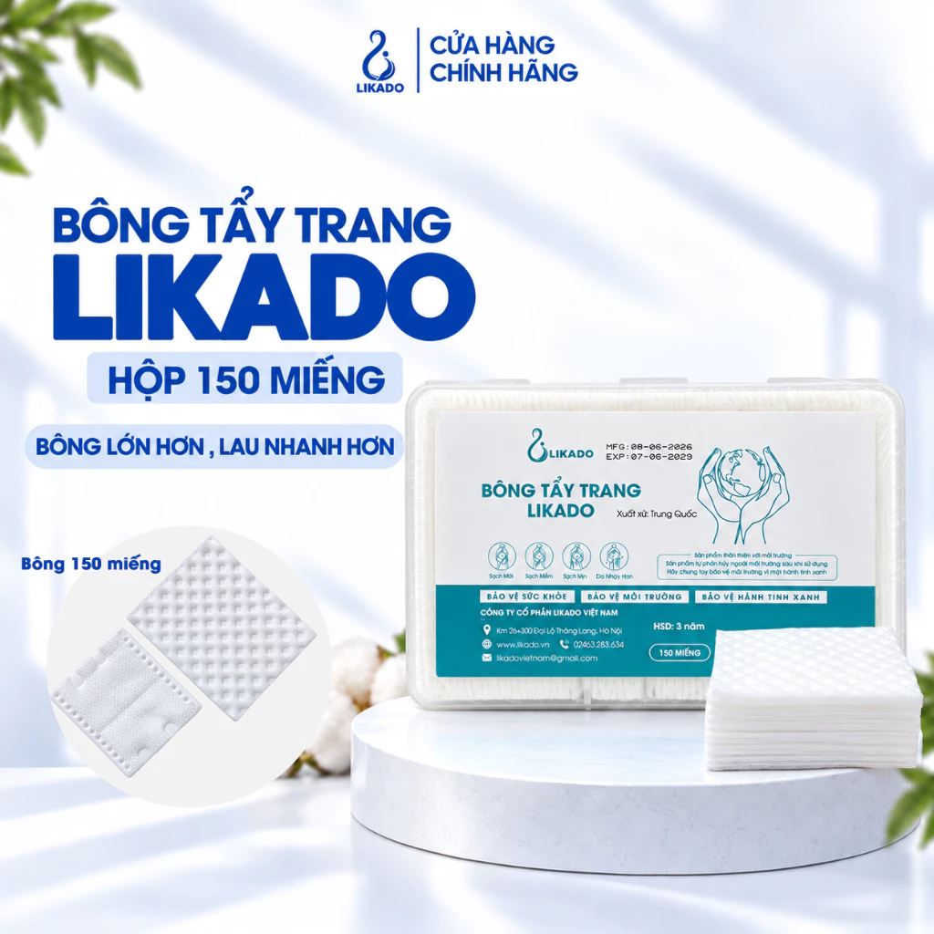 Bông tẩy trang Likado dạng hộp 150 miếng bông tự nhiên (6cm x 8cm)
