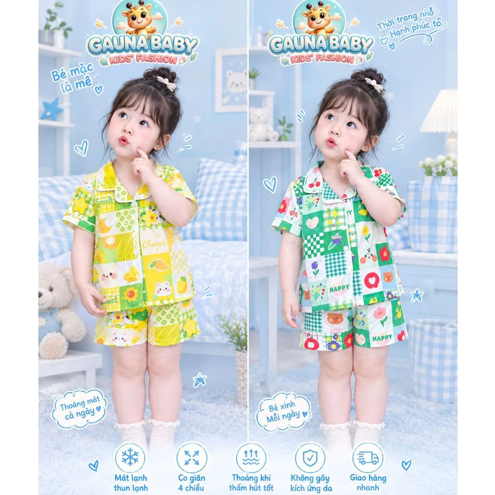 [GAUNA BABY]Bộ Cộc Phijama in hình 3D cho bé gái chất thun lạnh cho mặc nhà đi học đi ngủ đi chơi