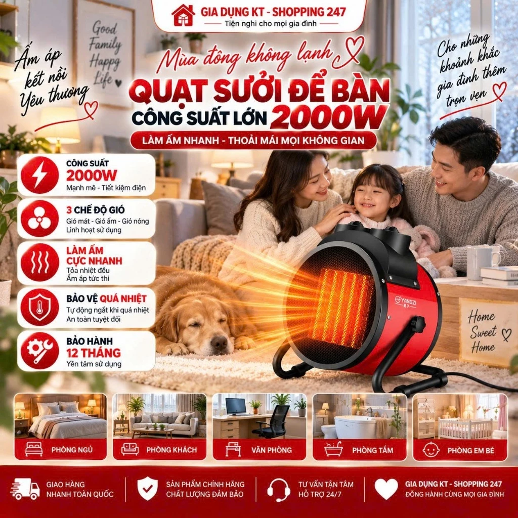 Quạt Sưởi Để Bàn Công Suất Lớn 2000W, Quạt Sưởi Điện 3 Chế Độ Gió, Làm Ấm Cực Nhanh, Hoạt Động Mạnh Mẽ, Bền Bỉ