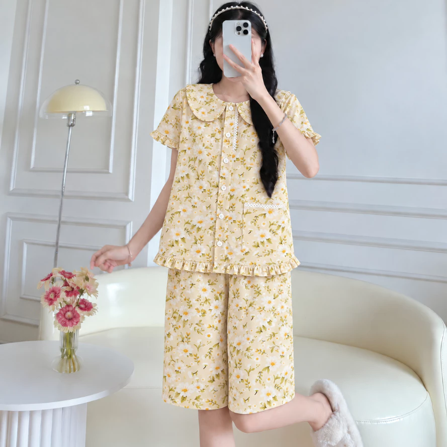 Bộ ngủ cánh tiên quần lửng dễ thương Cotton, Xô muslin, Lụa, Đũi, Tôn, Lanh, Kate thô DBTK