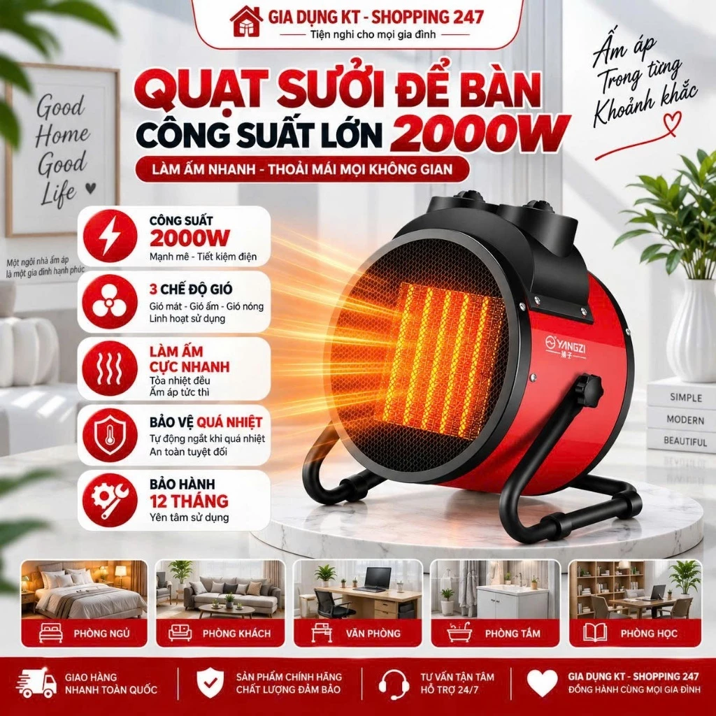 Quạt Sưởi Mini Để Bàn, Quạt Sưởi Điện Công Suất Lớn 2000W, Làm Ấm Cực Nhanh, Hoạt Động Mạnh Mẽ, Bền Bỉ