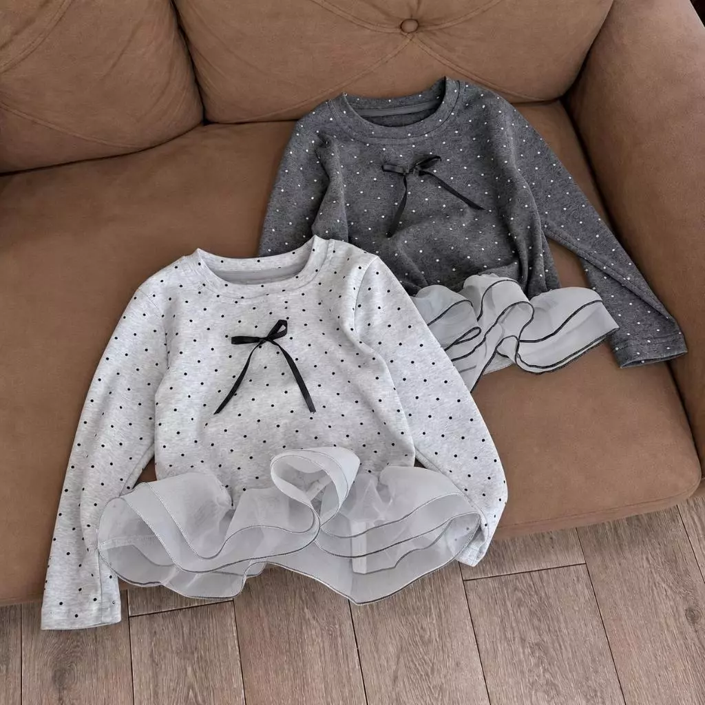 Áo bé gái dài tay chấm bi đính nơ phối tà bèo voan tơ 2 tầng xòe điệu đà thu đông H&2T Baby Kid - S29