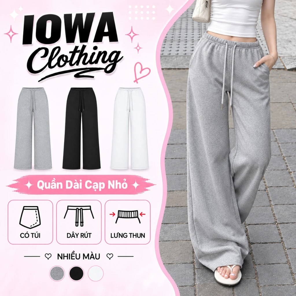 [MỞ BÁN] Quần Dài Ống Suông Cạp Nhỏ Chất Nỉ Chân Cua QU08, Quần Nữ Lưng Thun Có Túi IOWA
