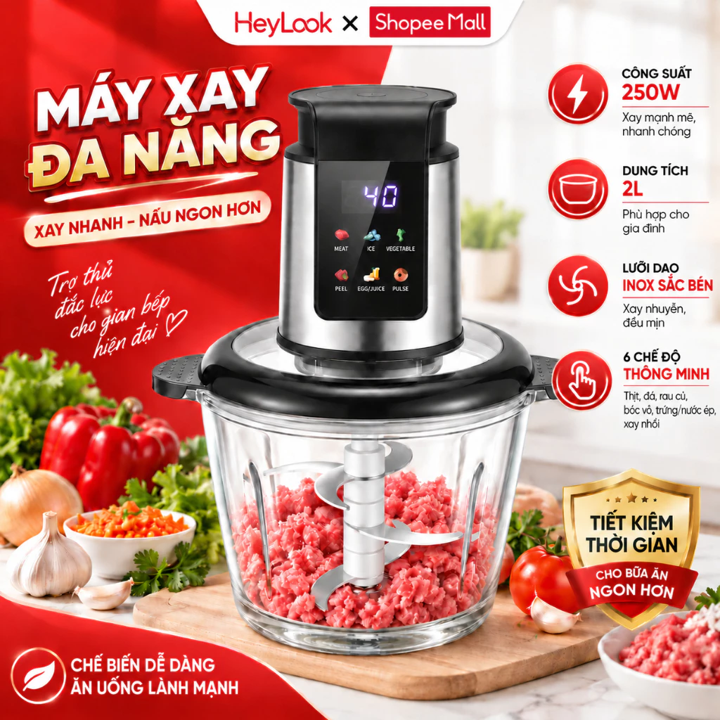 Máy Xay Thịt Đa Năng 250W Cối 2L, Máy Xay Thực Phẩm Rau Củ Lưỡi Dao Inox 6 Chế Độ Thông Minh