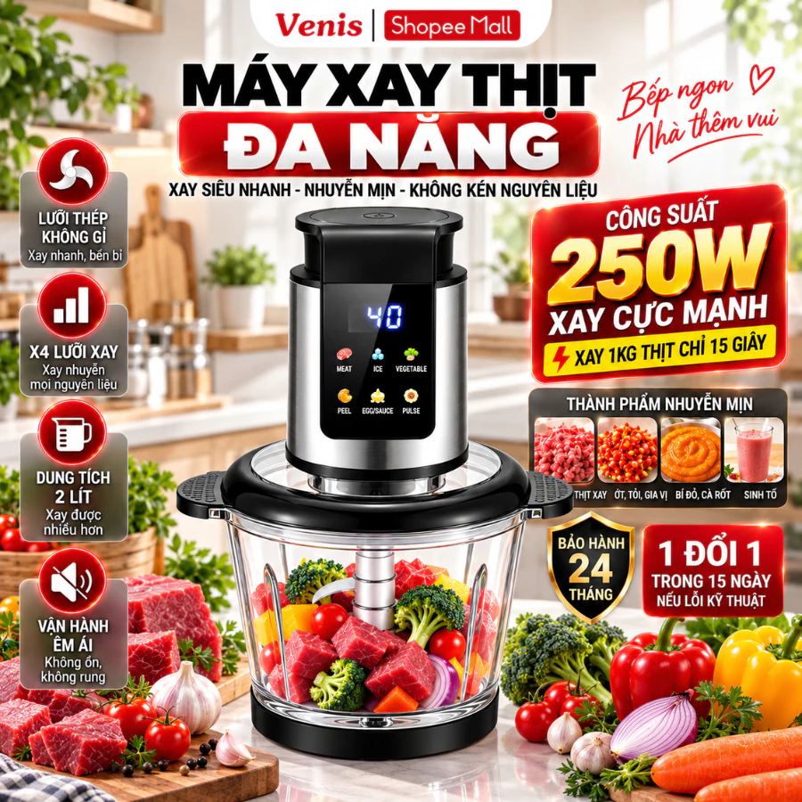 Máy Xay Thịt Inox 304 2 Lít 250W, 4 Dao Kép Siêu Sắc, Máy Xay Thực Phẩm Đa Năng Xay Thịt Tỏi Ớt Nhanh Mạnh