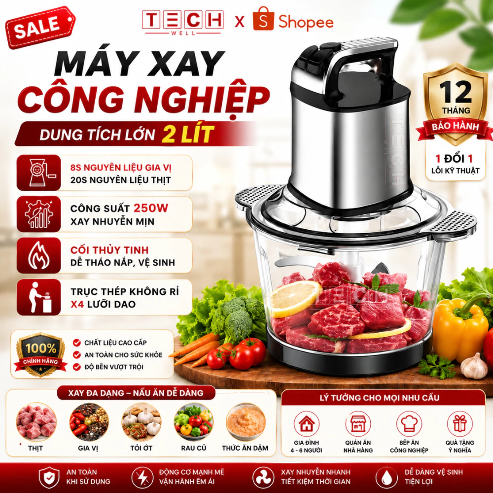 Máy Xay Thịt Đa Năng, Cối Xay Thực Phẩm Thủy Tinh Dung Tích 2 Lít, Công Suất Lớn Kèm 4 Lưỡi Dao Bén