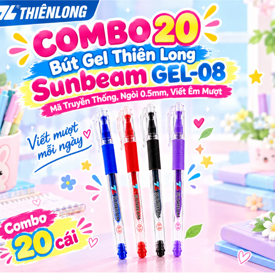 Combo 20 Bút gel Thiên Long Sunbeam GEL-08 - Bút mực nước, ngòi 0.5mm, nét viết êm mượt