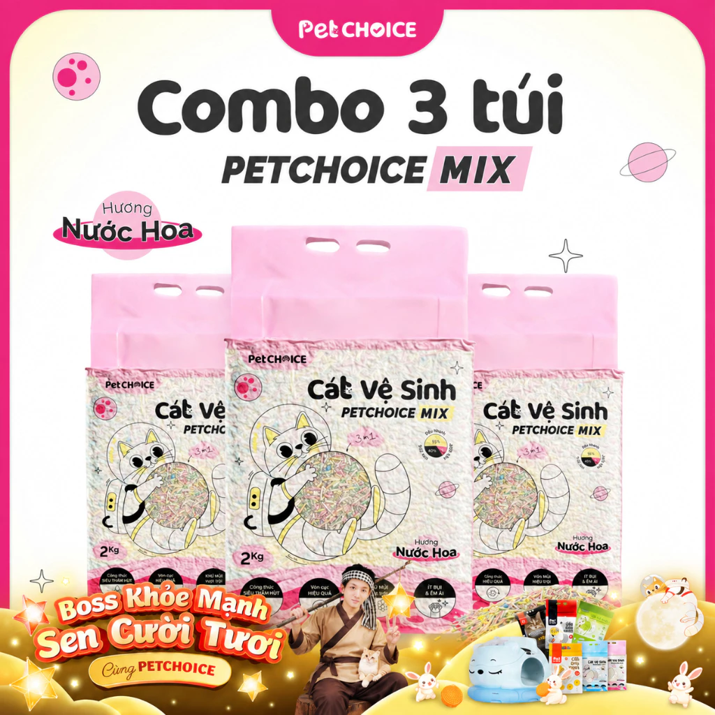 Combo Cát mix đậu nành + đất sét cho mèo PetChoice 2KG hương Nước hoa MIX