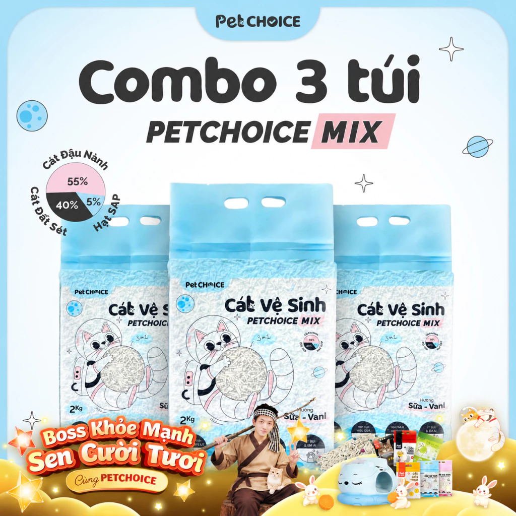 Combo Cát Mèo Đậu Nành Mix Đất Sét PetChoice 2Kg hương Sữa