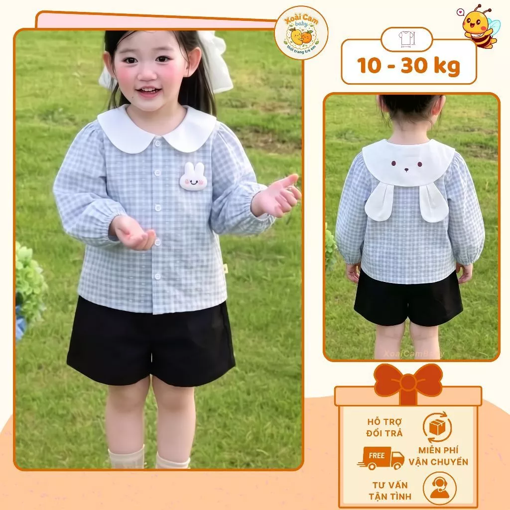 Áo Sơ Mi Bé Gái Kẻ Caro Xanh Cổ Sen Thêu Thỏ, Áo Sơ Mi Dài Tay Phong Cách Hàn Quốc Dễ Thương Cho Bé 1 - 5 Tuổi - M81