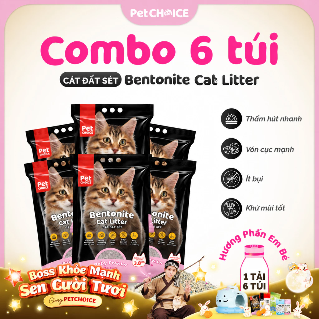 COMBO tải 6 túi CÁT ĐẤT SÉT cho mèo PetChoice, cát vệ sinh cho mèo khử mùi, ít bụi, siêu vón cục 3.8kg CÁT ĐẤT SÉT