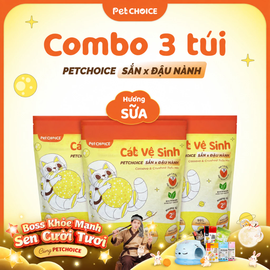 COMBO Cát SẮN mix Đậu nành PetChoice túi 2kg, cát vệ sinh cho mèo không bụi, vón tốt, khử mùi hiệu quả