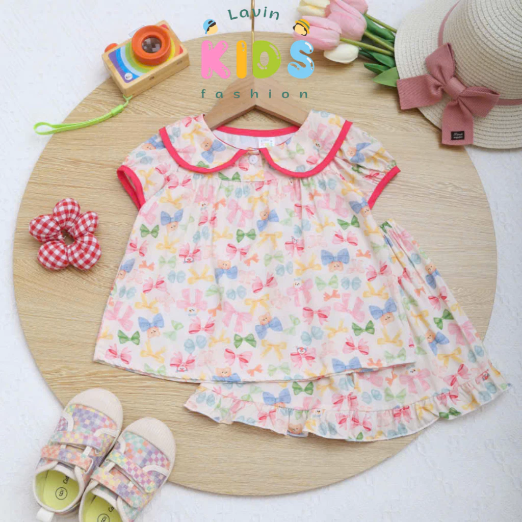 Bộ tole lanh áo cổ lá sen quần đùi lai bèo cho bé gái size 7-18kg- Lavin Kids