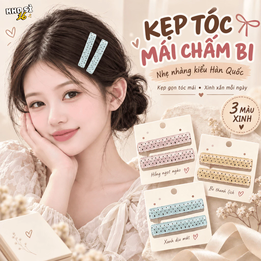 Kẹp Tóc Chữ Nhật Họa Tiết Chấm Bi Nữ Bản Dài Giữ Tóc Gọn Gàng Nhiều Màu _khosi16-KT26