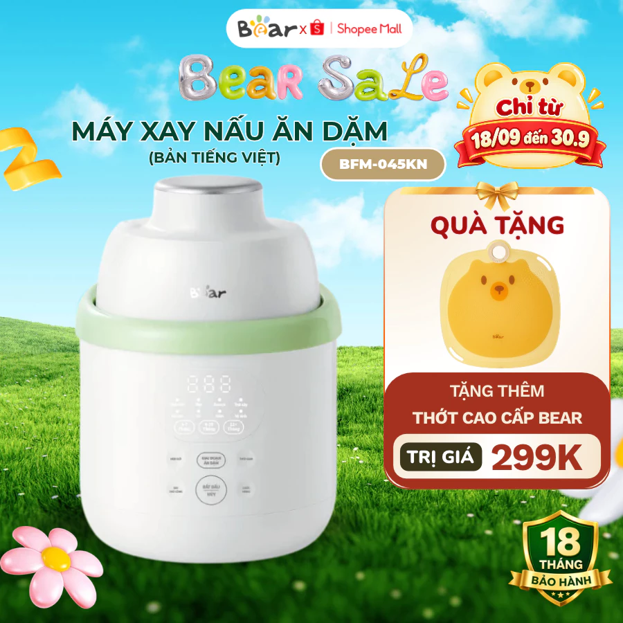 Máy Xay Nấu Thức Ăn Bear Dung Tích 0.35L BFM-045KN, Xay Ăn Dặm Tự Động, 6 Lưỡi Dao,Bảo Hành 18 Tháng