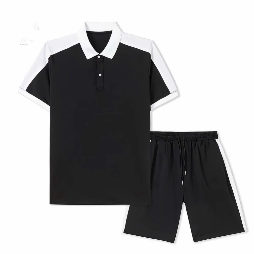 Bộ quần áo thể thao nam cộc tay cổ bẻ chất cotton cá sấu phối trắng co giãn đa chiều