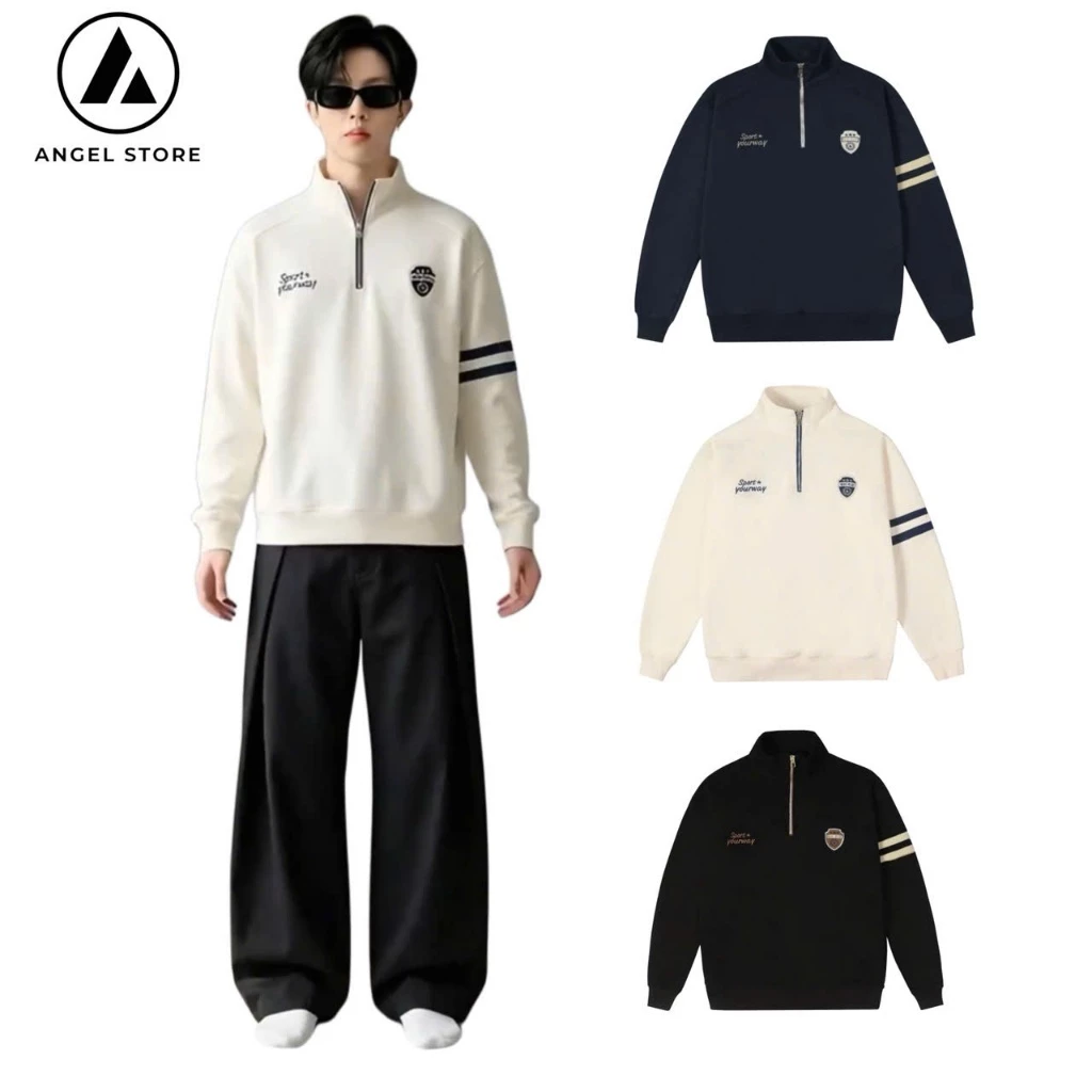 Áo nỉ cổ cao nam ANGEL  khóa zip, vải  hai da mền mịn hình thêu sắc nét