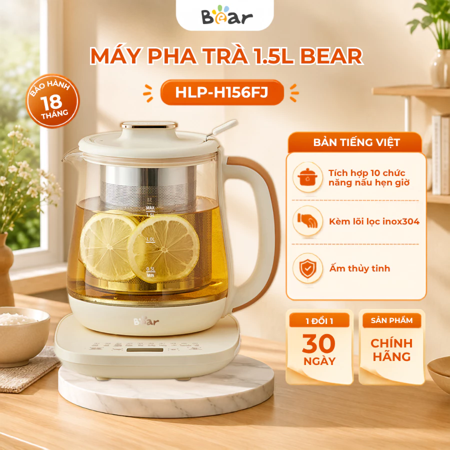 Máy pha trà đa năng 1.5L Bear 10 Chế độ nấu HLP-H156FJ, 800W, Giữ nhiệt, Hẹn giờ, Bảo Hành 18 Tháng