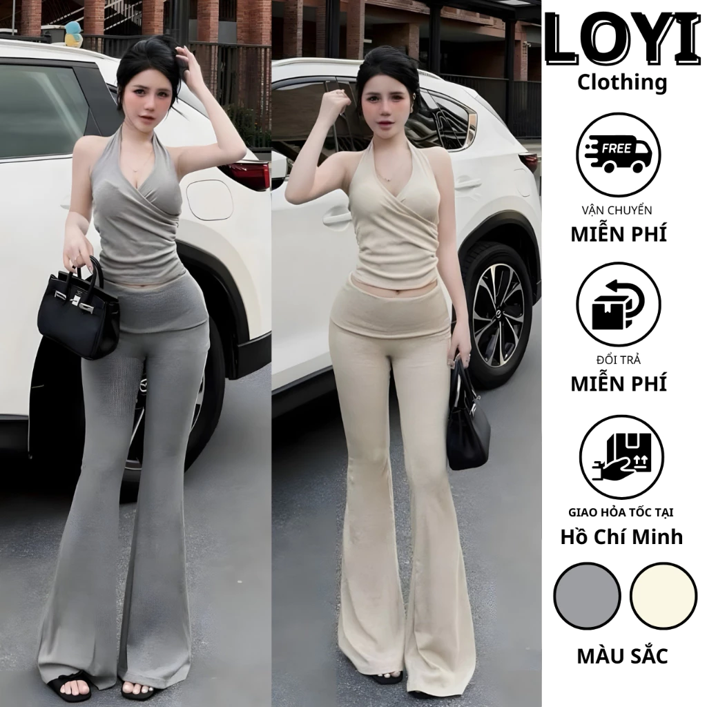 [Hỏa Tốc] Set Đồ Nữ Áo Yếm Chéo Ngực + Quần Ống Loe Co Giãn Tôn Dáng, Set Bộ Nữ Sang Chảnh Gợi Cảm