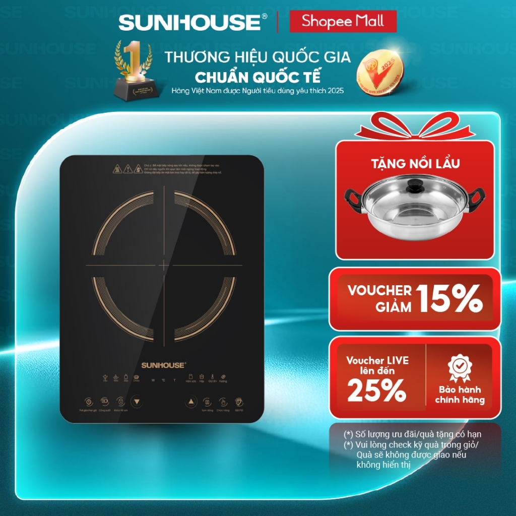 Bếp từ đơn Sunhouse SHD6803 - Công suất 2000W - Bảo hành 12 tháng - 8 chế độ…