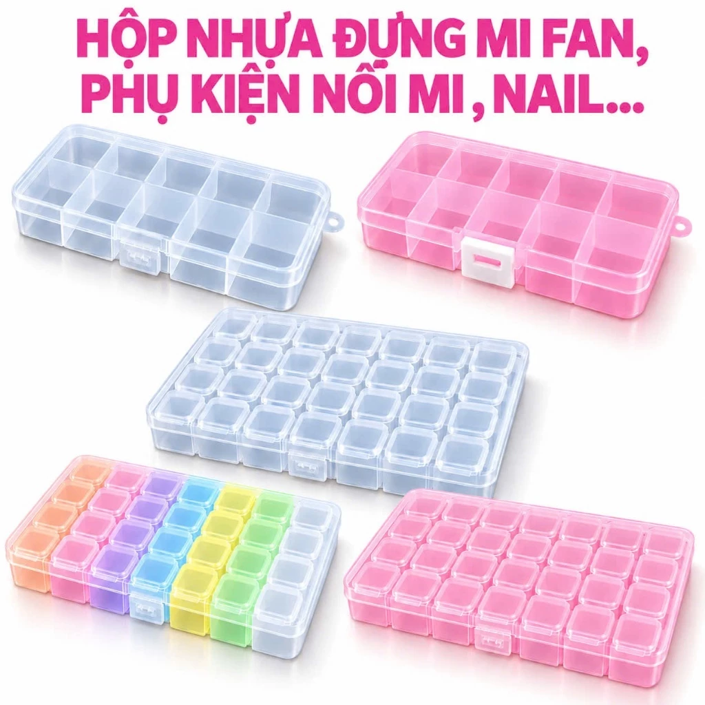Hộp nhựa vuông 10 ô đựng mi fan, phụ kiện nối mi, nail, phun xăm (dụng cụ nối mi)