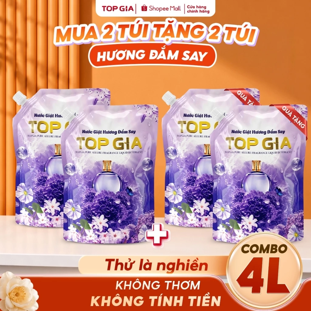 Nước Giặt Xả TOPGIA Hương Đắm Say, Dịu Nhẹ Cho Da, Tẩy Sạch Vết Bẩn, Lưu Hương Lên Tới 72H, Túi 1L