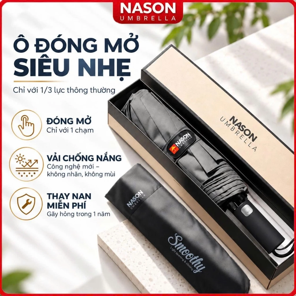 Ô dù che mưa, che nắng tự động cao cấp Nason Smoothy, đóng mở siêu nhẹ trên 1000 lần, ngăn 99%UV