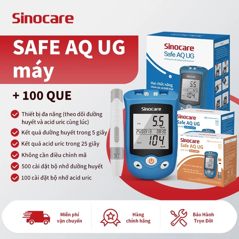 Máy Đo Tiểu Đường Và Axit Uric (Bệnh Gút) 2Trong1 Chính Hãng Sinocare+que thử đường huyết+que thử uric+kim