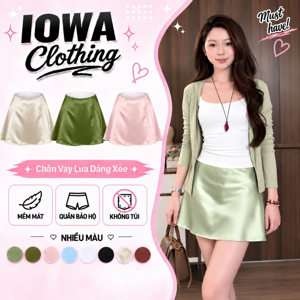 [MỞ BÁN] Chân Váy Nữ Chữ A Xòe Dáng Ngẵn IOWA CV03 - Chất Lụa Có Lót Trong Mềm Mát Y2K
