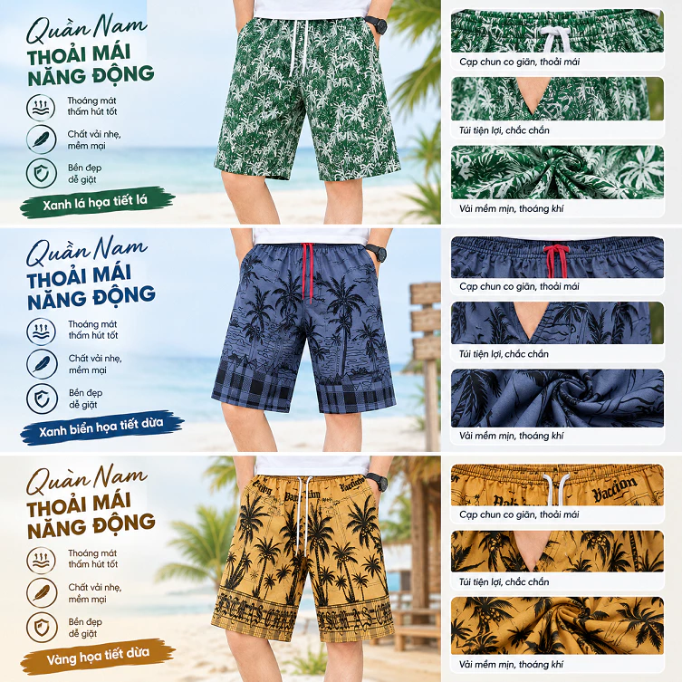 Quần Short Nam Lưng Thun Đi Biển Chất Dù Tối Màu In Họa Tiết Cây Dừa FreeSize Từ 50 - 75kg