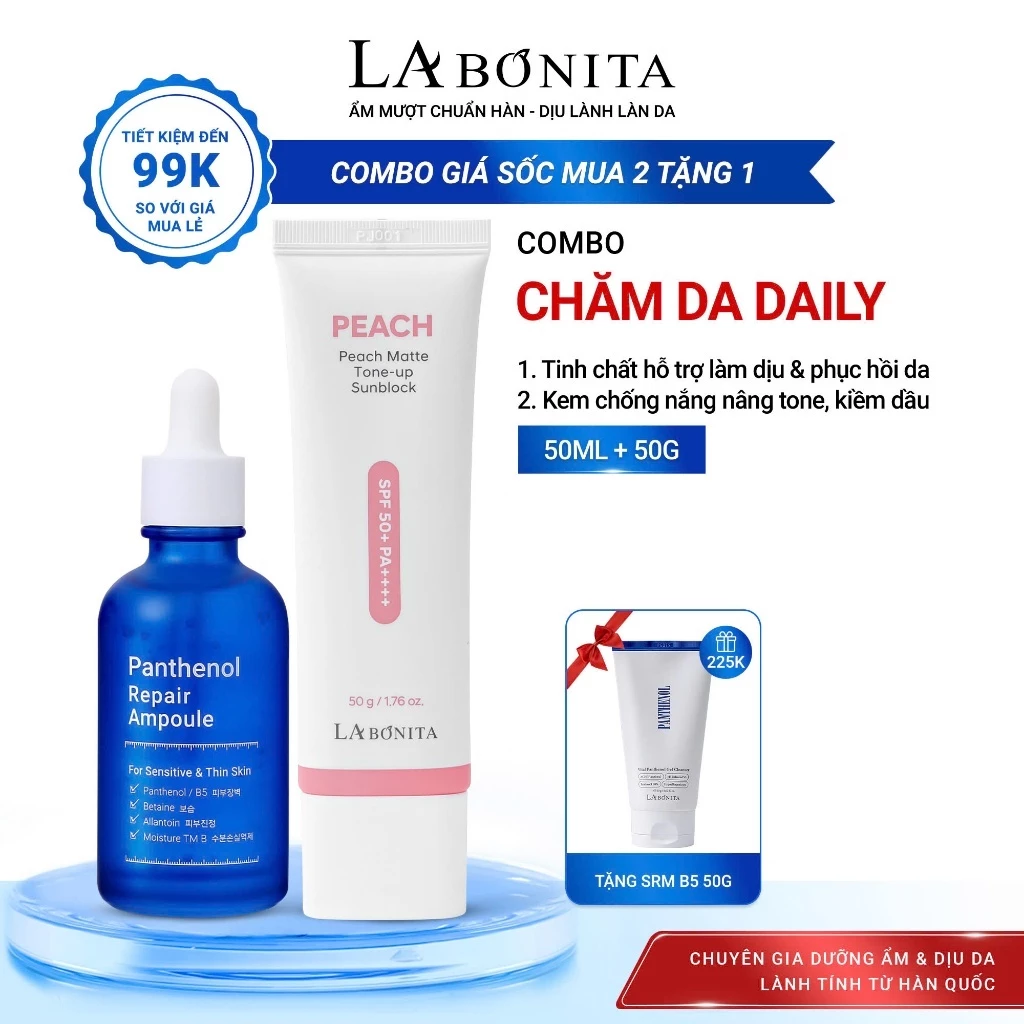 [Tặng SRM B5 50g] COMBO Chăm Da 3 Bước -Tinh chất phục hồi La Bonita Panthenol 50ml & Kem Chống Nắng La Bonita Peach 50g