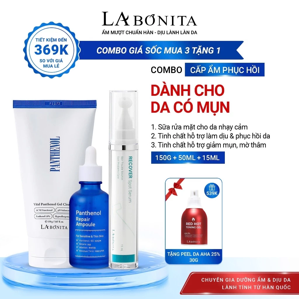 [Tặng AHA chai] COMBO Cấp Ẩm Phục Hồi Dùng Cho Da Mụn Nhạy Cảm - Sữa Rửa Mặt B5 150g + Tinh chất B5 50ml + Chấm mụn 15ml