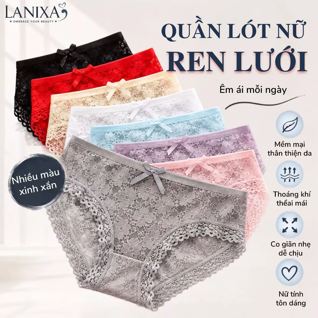 SET 5 Quần lót nữ ren cao cấp cạp vừa tôn dáng gợi cảm đáy lót 2 lớp đính nơ quyến rũ LANIXA L104