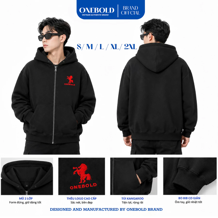 Áo Khoác HOODIE ZIP "THÊU NGỰA" ONEBOLD Chất Nỉ Chân Cua 400GSM NÓN TO, Áo Form BOXY Rộng Mũ To Nam Nữ Dễ Phối Đồ