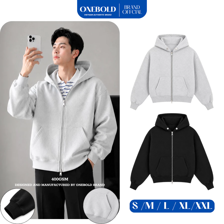 Áo Khoác HOODIE ZIP ONEBOLD "KHOÁ 2 ĐẦU YKK NÓN TO NỈ CHÂN CUA" 400GSM, Áo Nỉ trơn Fom BOXY Rộng Mũ To Cúc Bấm Nam Nữ