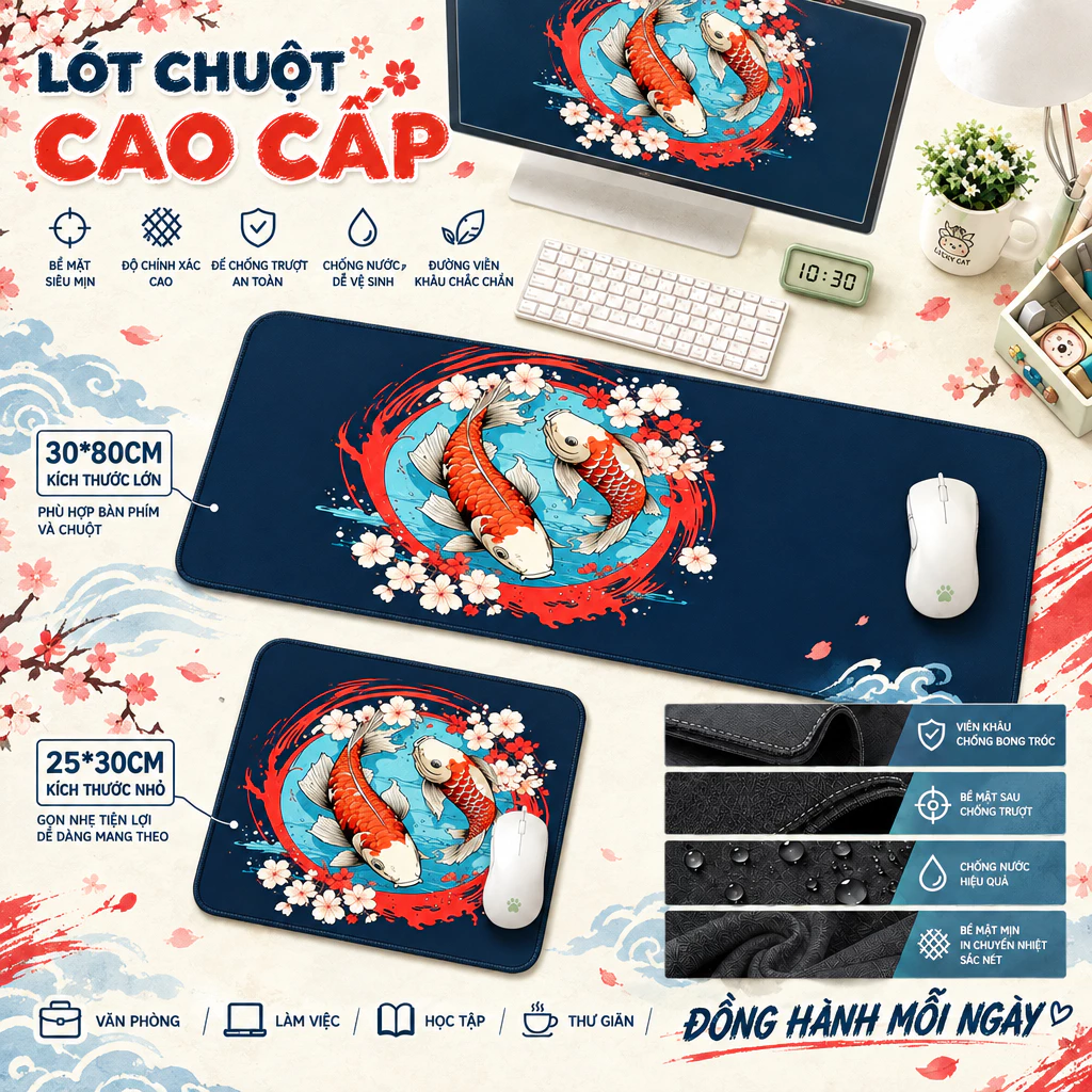Lót chuột cá Koi may mắn 80x30cm & 30x25cm trang trí bàn đẹp,thiết kế may mắn, bề mặt mịn