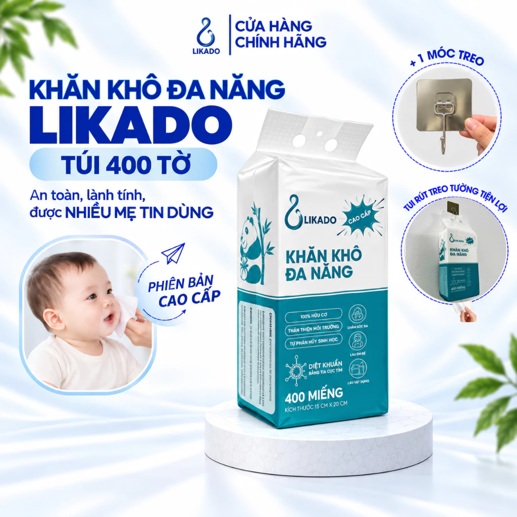 Khăn khô đa năng cho bé LIKADO túi 400 tờ kích thước 15 x 20cm tự phân hủy ( 1 túi)