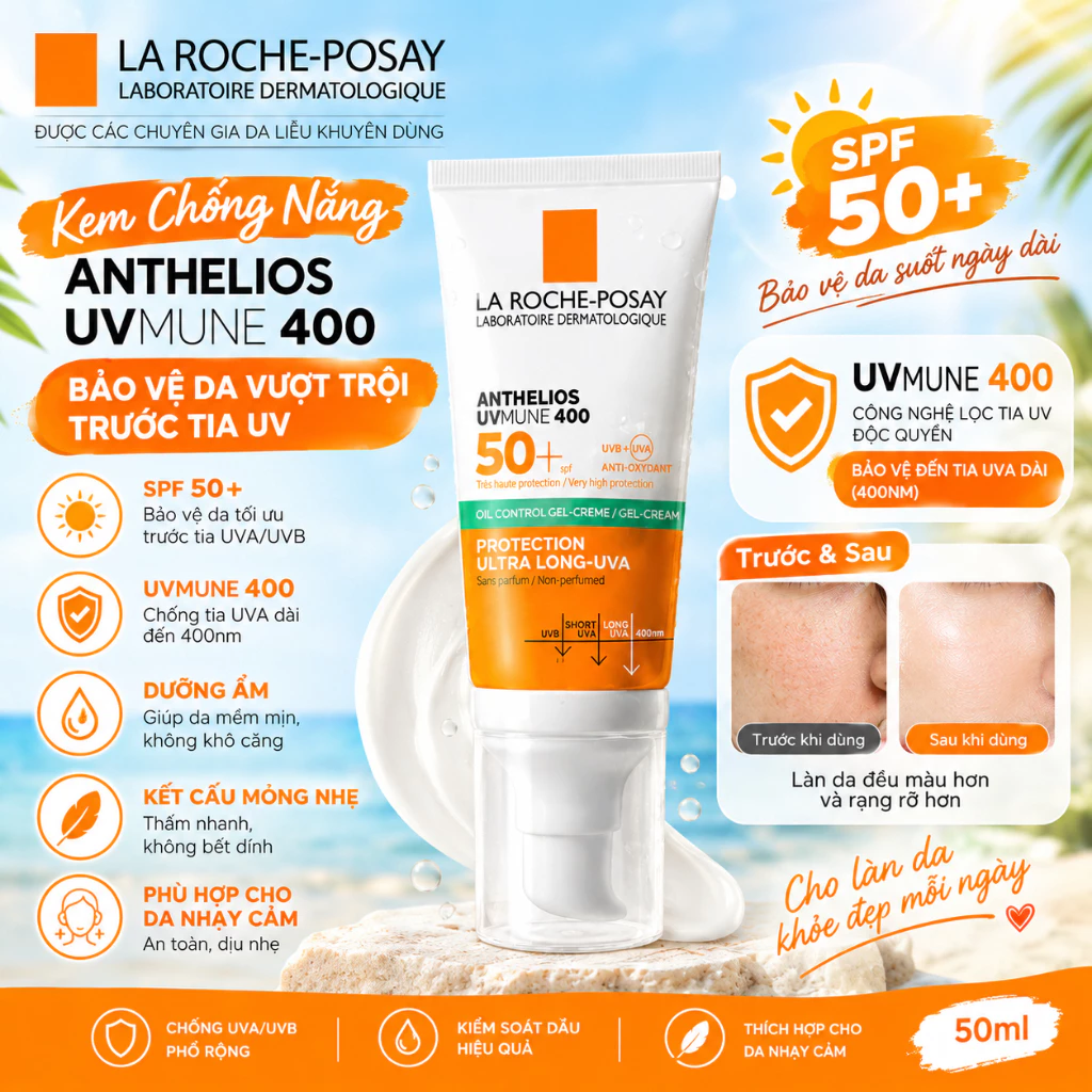 La Roche-Posay Anthelios UVMune 400 SPF50+ Kem Chống Nắng Dưỡng Ẩm | Bảo Vệ Da UVA UVB | Chống Tia UVA Dài | Cho Da Nhạy
