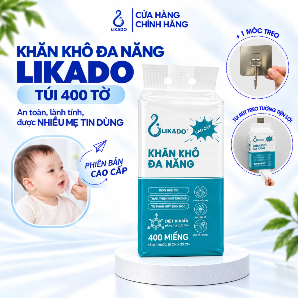 Khăn vải khô đa năng Likado cho bé 400 tờ kích thước 15*20cm
