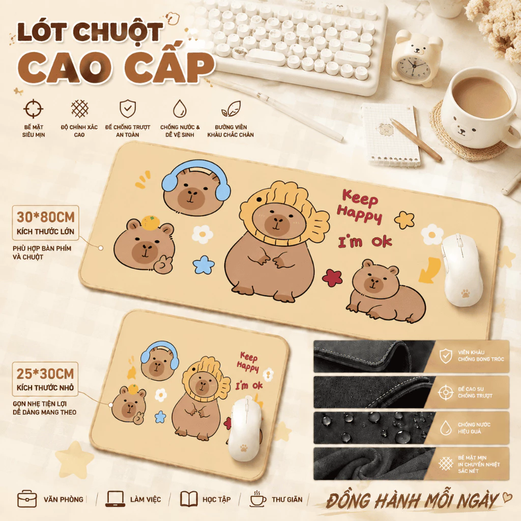 Tấm lót chuột Capybara dễ thương, tấm lót chuột cỡ lớn size 80x30 & 30x25, chống trượt, bề mặt mịn