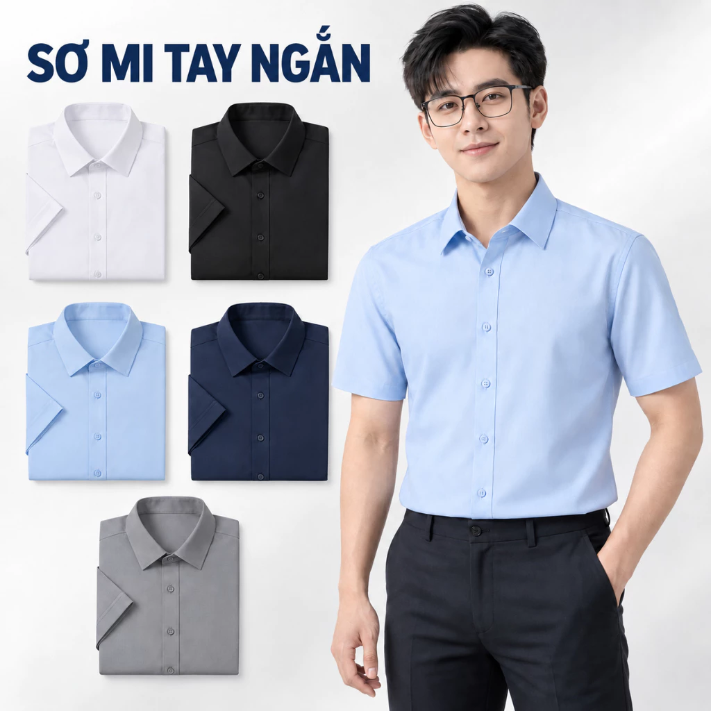Áo Sơ Mi Tay Ngắn Nam Trơn Cao Cấp MISFIT, Vải Mềm Mát Ít Nhăn, Form Đẹp Đi Làm Đi Tiệc