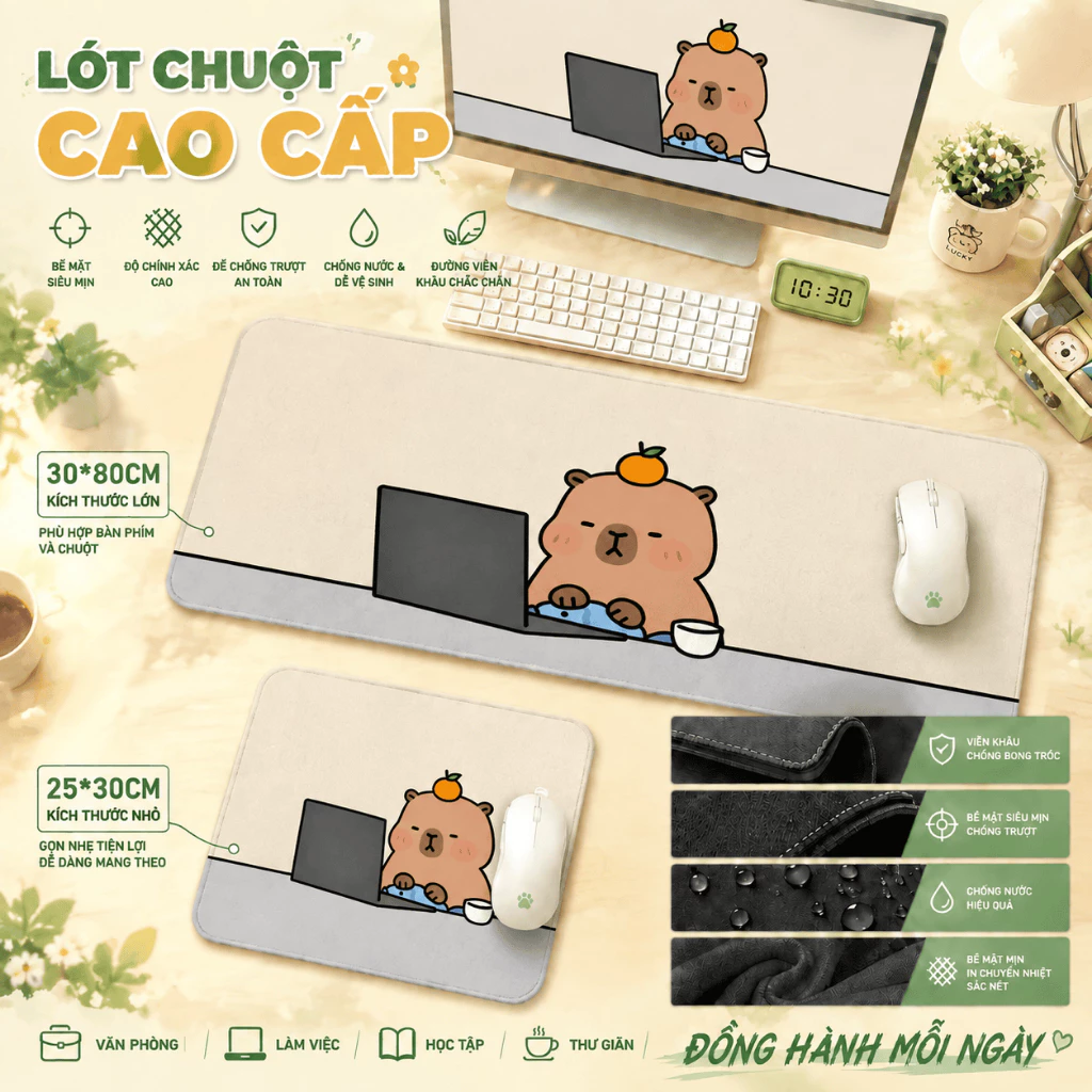 Tấm lót chuột Capybara phong cách Phật hệ đáng yêu, tấm lót chuột cỡ lớn 80x30 & 30x25, dễ vệ sinh