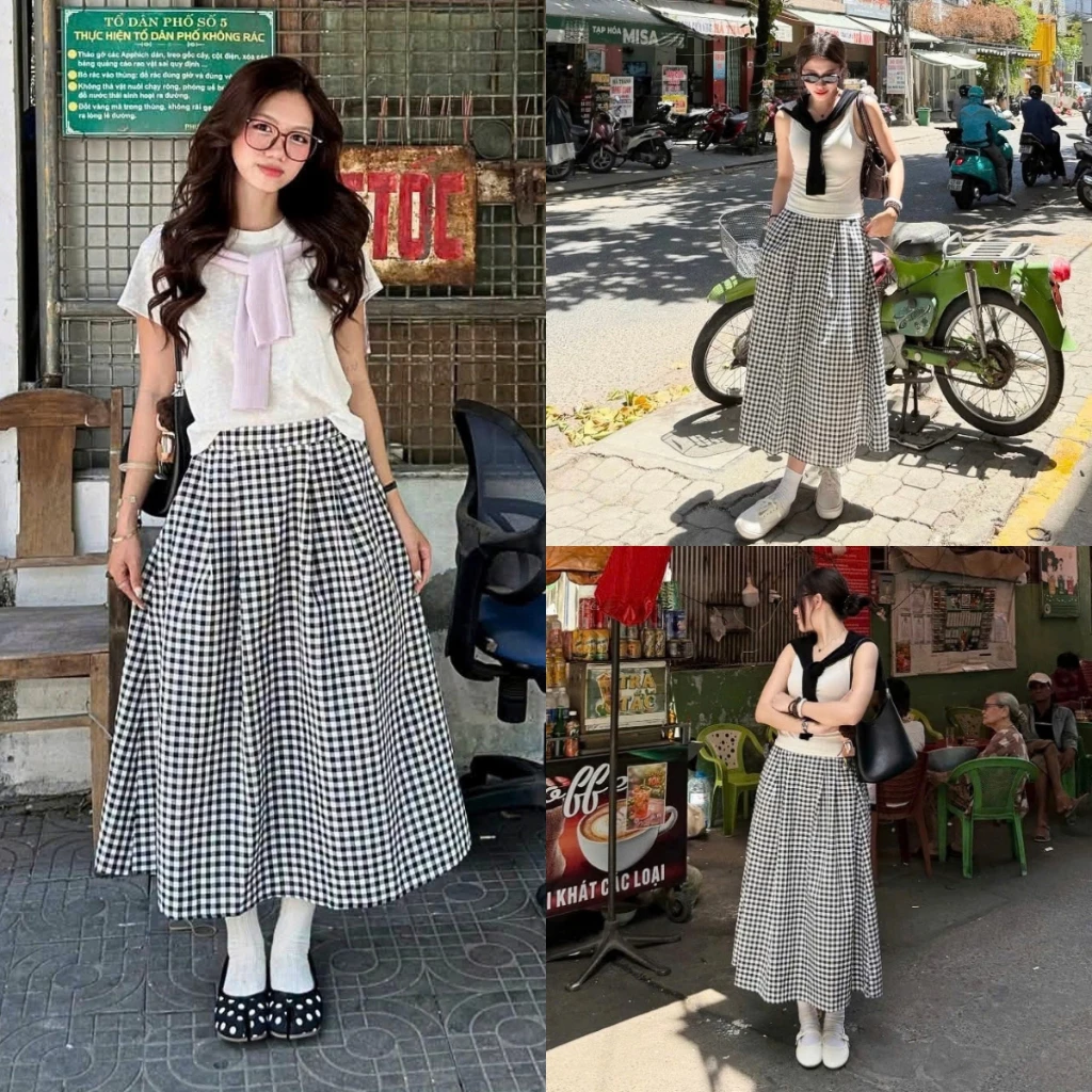 Chân váy caro trắng đen xòe xếp ly lưng chun Renee Store - V3168
