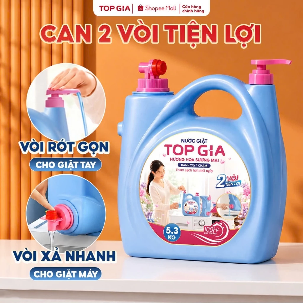 Nước Giặt TopGia Can 5.3KG Đậm Đặc Hương Hoa Sương Mai, Phấn Tinh Khôi Sạch Nhanh, Lưu Hương 100H