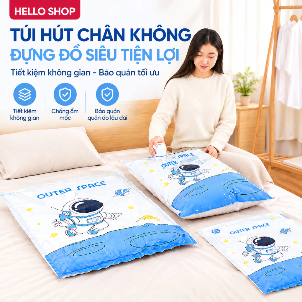HELLO SHOP Túi nén chân không đựng quần áo, chăn gối mền tiết kiệm 75% không gian, chống mốc