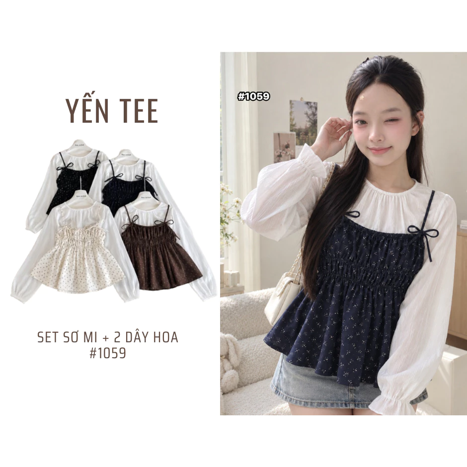 Set áo sơ mi cổ tròn tay bồng kèm áo hai dây hoạ tiết hoa nhí, dáng xoè nhẹ nhàng, dễ phối đồ Yến Tee #1059