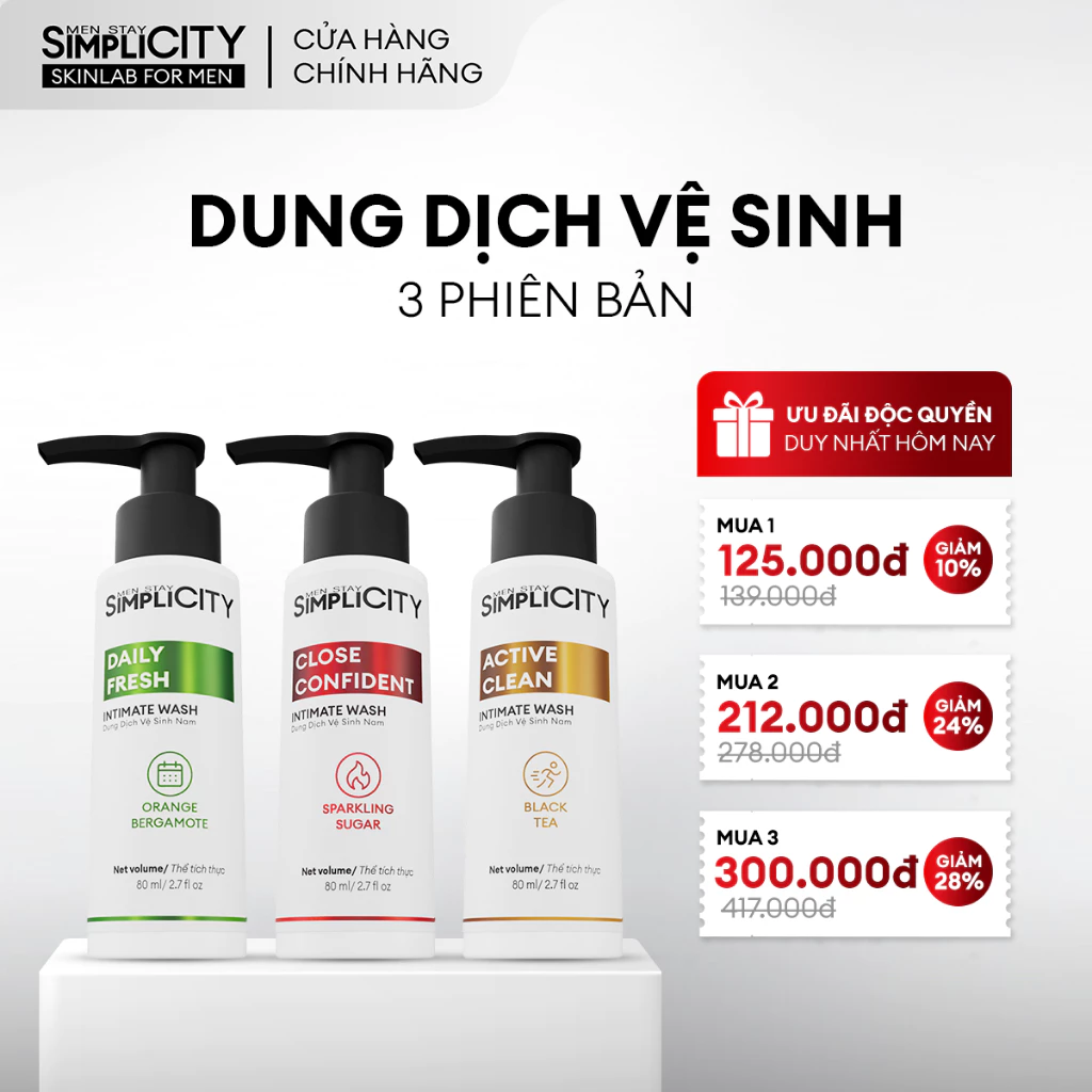 Dung Dịch Vệ Sinh Nam Intimate Wash Men Stay Simplicity Làm Sạch, Khử Mùi Tự Tin Gần Gũi/Sau Vận Động/Dùng Mỗi Ngày 80ml